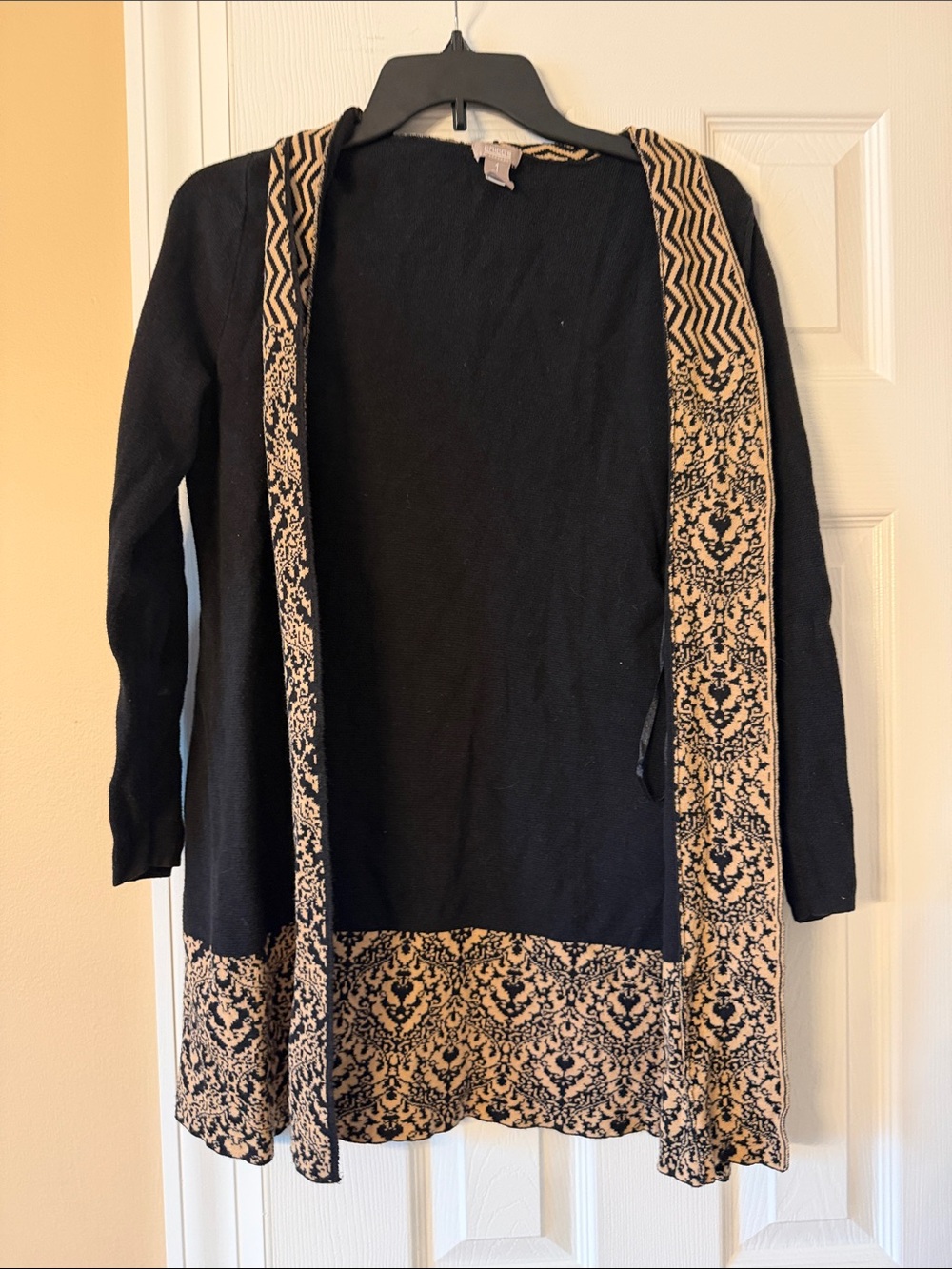 Chico's Black Cardigan with Tan Patterned Trim